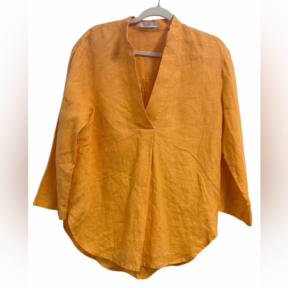 MANGO Linen Popover Shirt V-neck 100% linen in Mandarin Orange size Small - Picture 4 of 7